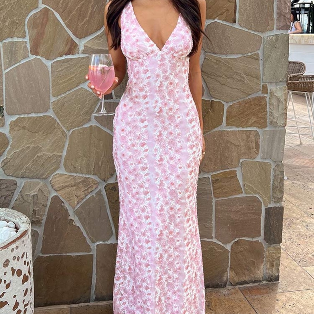 Beginning Boutique Pink and White Sheath Maxi Dress